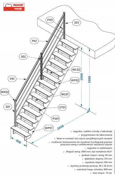 Schody Zębinowe Dębowe Proste z Barierką INOX