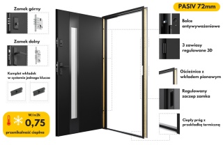 Ciepłe Drzwi Zewnętrzne Stalowe PASIV 72mm GRUBE U=0,75 Złoty Dąb Black
